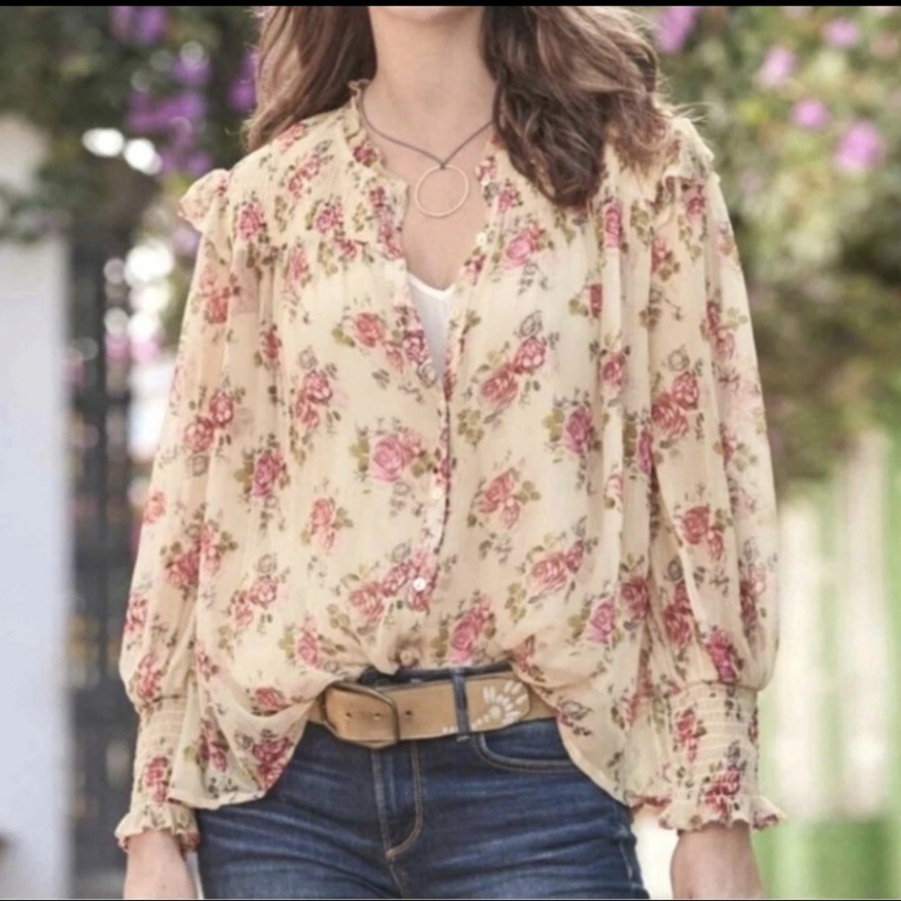 Sundance Amelia Floral Sheer Long Sleeve Button Down Blouse Size S
